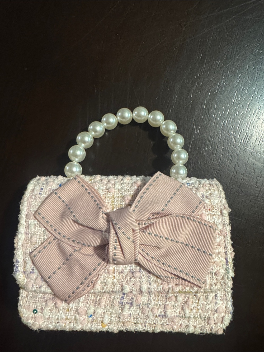 Pink Tweed Mini Bag with Pearl Handle and Bow Accent